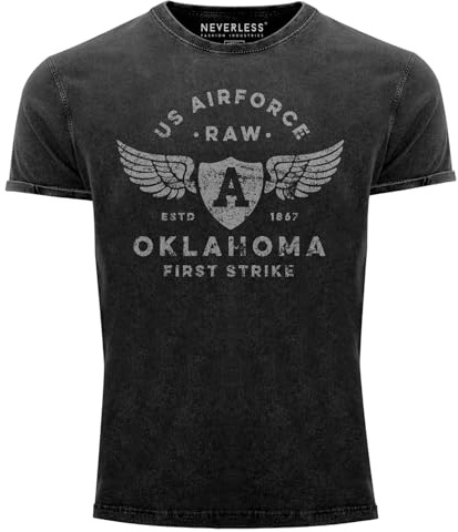 Neverless® Herren Vintage Shirt Print US Airforce Oklahoma Aviator Used Look Slim Fit