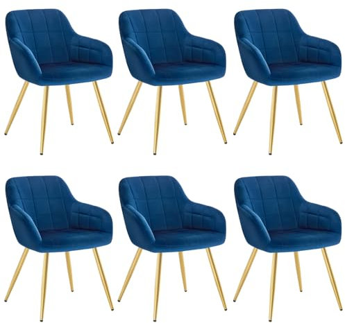 WOLTU Esszimmerstühle 6er Set Esszimmerstuhl Küchenstuhl Polsterstuhl Design Stuhl mit Armlehnen, mit Sitzfläche aus Samt, Gestell aus Metall, modern, Gold Beine, Blau, BH232bl-6