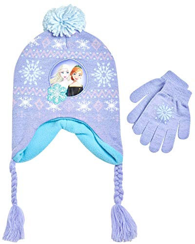 Disney Little Girls Frozen Elsa and Anna Beanie Hat and Gloves Cold Weather Set (Age 2-7), Size Age 4-7, Frozen Purple Gloves