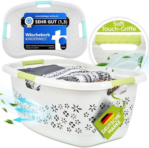 Premium Wäschekorb 50 L mit ergonomischer Form, Soft-Touch-Griffen, luftdurchlässigem Design und dekorativer Blumenoptik (weiß/aquamarin)
