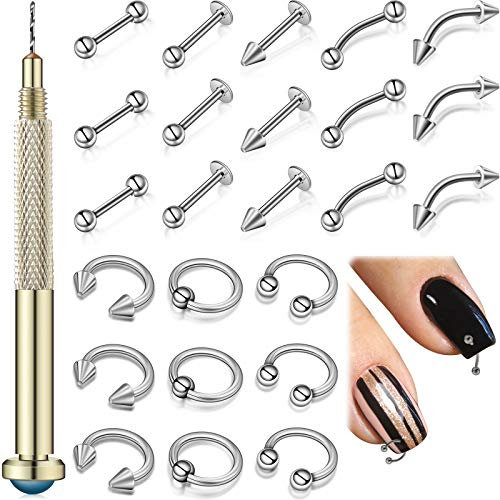 25 Stücke Nagel Kunst Anhänger Charms mit Nagel Piercing Werkzeug Handbohrer, Nagel Schmuck Ringe Silber Nagel Charms Durchbohrte Nagel Kunst Zubehör für Charms, Acryl, Gele Dekorationen