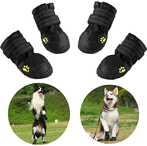 Hundeschuhe, 4 Stück wasserdichte Hundestiefel Pfotenschutz, mit reflektierenden Riemen, robuste rutschfeste Sohle (3#, Schwarz)