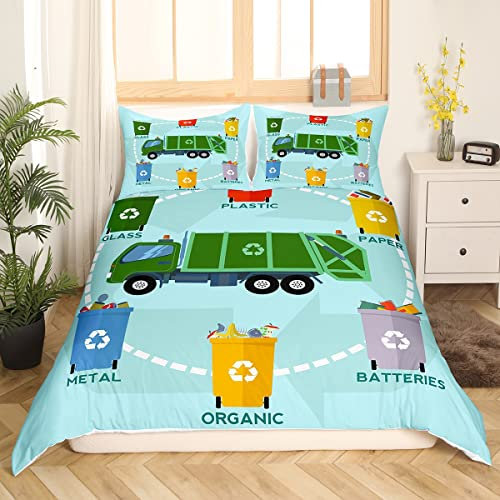 Müllwagen Bettwäsche 135x200 für Jungen,Retro Grüner Müllwagen Bettwäsche Set für Kinder Jugendliche Mädchen Zimmer Dekor,Bunte Recycle Mülltonnen Bettbezug Mülltrennung Bett Set mit 1 Kissenbezug