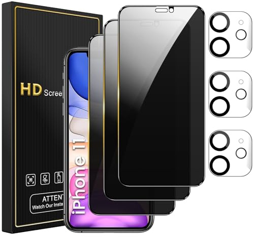 Romkasi 3 Pack Privacy Screen Protector for iPhone 11 6.1 Inch with 3 Pack Camera Lens Protector, Anti Spy Tempered Glass Film, Anti-Scratch, Touch Sensitive, Case Friendly