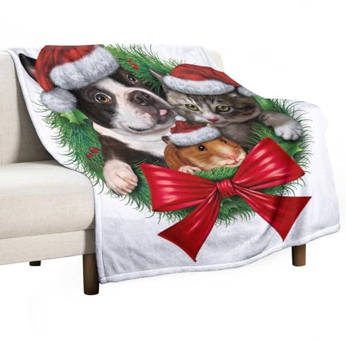 FWJZDSP Haustiere Weihnachtskranz-Fleecedecken, Hund, Katze, Hamster, weiche Flanell-Kuscheldecke für Erwachsene, waschbare, leichte Flauschige Decke, Geschenk für Mädchen und Jungen, 127 x 152 cm