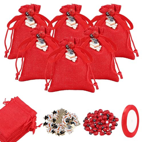 POFIBO 30 Pezzi Rossi Bomboniere Laurea Sacchetti, Sacchetti Rossi in Luta con Cappello di Laurea e Ciondolo a Forma di Coccinella, Ideali per Bomboniere Laurea, Feste di Laurea e Regali Fai da Te
