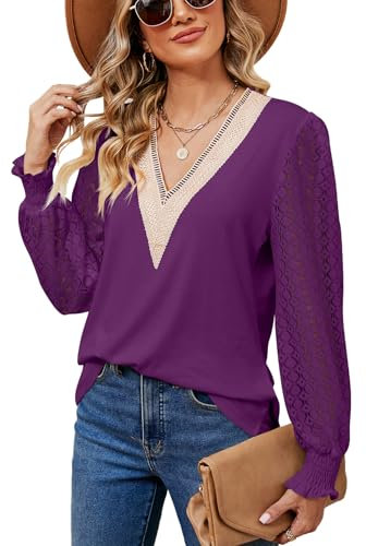 LEKOPUR Lila Bluse Damen Elegant V Ausschnitt Tunika Spitze Langarm Blusenshirt Festliche Oberteil T Shirt Einfarbig Blusen & Tuniken für Damen