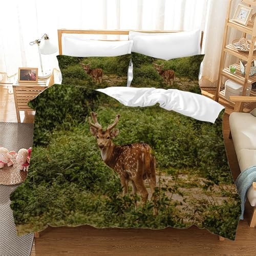 EXSANLIEAY Wiese Bettwäsche 135x200 Sika Rotwild Bettbezug 3 Teilig Set mit 2 Kissenbezug 80x80 cm, Weich Mikrofaser Bettwäsche-Sets mit ReißVerschluss