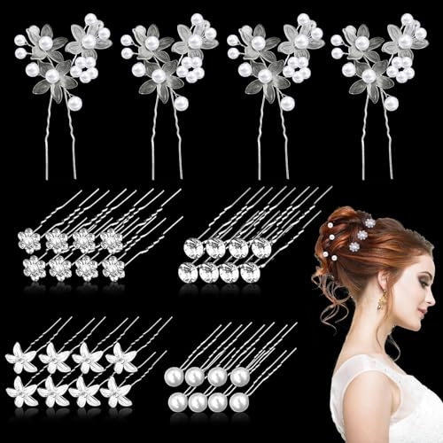 36 Piezas Tocados de Novia Accesorios, Horquillas pinzas Flores y Perlas de Diamantes Horquillas para el cabello en forma de U,para Mujer/Boda(5 estilos)…