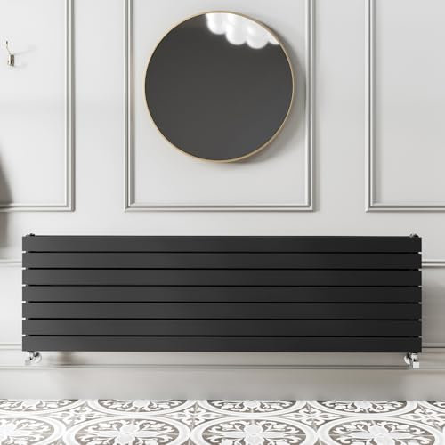 Go Bathrooms Pinta 476 x 1200mm Horizontal Radiator Black Flat Panel Double Column Wall Mounted Designer Black Radiator Central Heating Includes Brackets