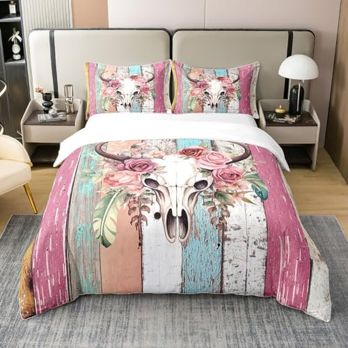 100% Baumwolle Bull Schädel Bettbezug 155x220,Girly Pink Rose Blumen Tröster Bezug,Zucker Schädel Bettbezug,Tiere Skelett Floral Bett Set,Rustikale Bauernhaus Holzbrett Bettwäsche Set