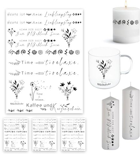 Bolosa 4 Stück Kerzentattoos, Wassertransferdruck, Time to relax Rub on Sticker, Glückslicht Wasserschiebefolie Kerzen, Kerzenfolie, Sprüche Kerzentattoo, Für Kerze Tasse DIY Geschenk 10