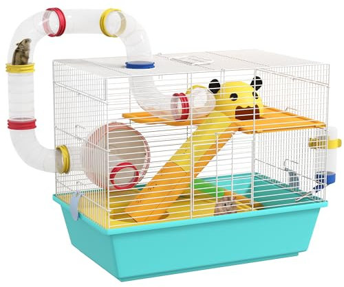 PawHut Hamsterkäfig Kleintierhaus mit Tunnel Plattformen Trinknapf Tränke Haus Rampe und Laufrad 45x28x37 cm Hellblau