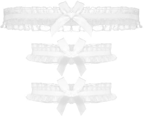 Umiin Bridal Garter and Armbands Set, White Garters with White Ribbon Bow Design, Bridal Wedding Accessories, 2 PC Armbands & 1 PC Leg Garter for Bride
