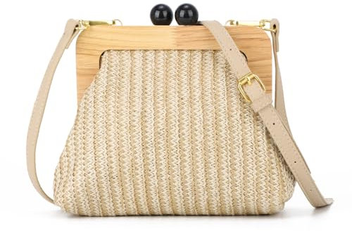 Syrads Carteras para mujer Bolso de paja de playa Bolsos bandolera para mujer Bolso de hombro para boda Bolso bandolera de hombro,Beige