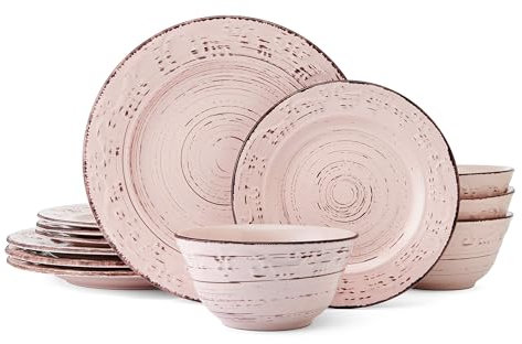 Pfaltzgraff Pink Trellis 12-Piece Dinnerware Set, Stoneware Plates and Bowls Sets for 4, Dishwasher and Microwave Safe, Rustic Garden-Inspired Design