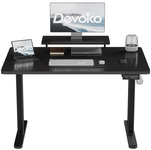 Devoko 140 x 60cm Electric Height Adjustable Desk, with Monitor Stand, Computer Desk, with 2 Height Memory Functions, for Bedroom Study Office (Black)