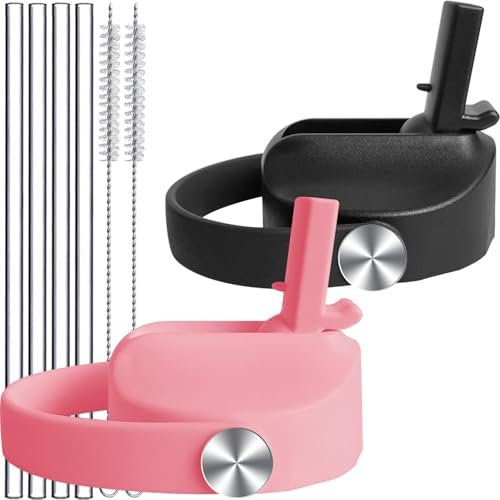 Upgraded Straw Lids for Hydro Flask Wide Mouth Bottle 32 40 oz, High Flow Bite Valve and Flex Handle for Hydroflask Lids with Straw Top Cap Replacemen, Light Pink & Black