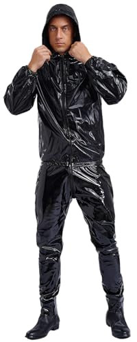 Agoky Herren Damen Metallic Sport Kleidung Set Glänzend Trainingsanzug Sportanzug Jogginganzug Hooded Shirt Top und Hose Motto Party Clubwear Schwarz M