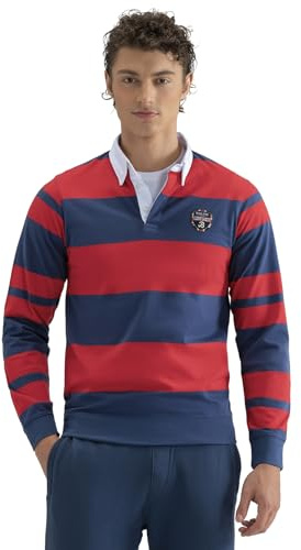 BRIAN OAK LONDON Blue and Red Yarn Dyed Striped Rugby Shirt - Men's Long Sleeve Polo with Ribbed Cuffs - Yarn Dyed Long Sleeve Polo