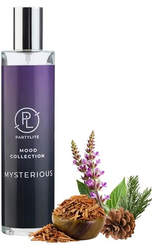 PartyLite Spray d'ambiance parfumé mystérieux, 100 ml, avec des notes de citron, de muscade, de clou de girofle et de patchouli, fait partie de la collection Mood, chaud et terreux, parfait pour