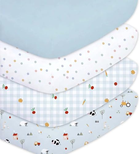 Little Grape Land 4er-Pack Spannbettlaken 60x120 cm Baby aus Mikrofaser-Polyester, Atmungsaktive Spannbettlaken für Kinderbett und Babybett, Oeko-TEX Zertifiziert, Blaue Ranch