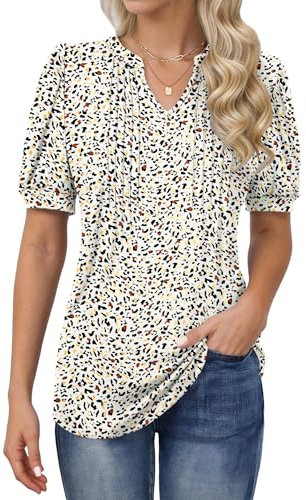 MOLERANI T Shirts for Women - V Neck Tops Loose Casual Puff Short Sleeve T-Shirt Front Pleated Blouse Color Pattern M