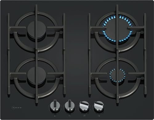 NEFF, N70, T26PIP4S0, 60cm Gas Hob with 4 burner, Optimised FlameSelect, 4 Dishwasher suitable cast iron pan supports, Detachable metallic sword dials, Black Tempered Glass,