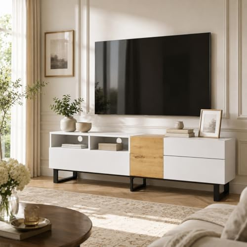 OLIVIBED Lowboard Holz, TV Möbel mit Türen und Schubladen, Moderner Sideboard Fernseher mit Holzmaserung, Colorblocking TV Bank, für Wohnzimmer, Esszimmer, Schlafzimmer, 180x38x50cm