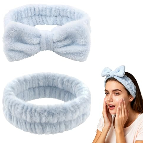 2 Stück Spa Bowknot Stirnband Damen, Elastic Abschmink Haarband, Coral Fleece Makeup Haarband, Kosmetik Stirnband für Gesichtswaschen, Dusche, Hautpflege, Yoga und Sport (Blau)