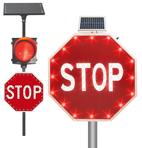 HCAUYNN Panneaux de Signalisation LED Solaires, Stop LED 60 x 60 cm - Feuille d'Aluminium Réfléchissante Grade Ingénieur, Métal Antirouille, Signalisation Routière Étanche 30inch