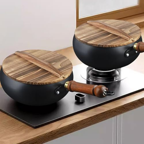 Tidevib Petit wok en fonte avec couvercle en bois de 24 cm de diamètre pour la cuisine maison, sauté et ragoût, compatible avec la plupart des cuisinières de cuisine