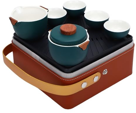 Alomejor Chinesisches Teeservice, Keramik-Gongfu-Teeservice mit Brauner Aufbewahrung, Tragbare Reise-Teekanne für Traditionelle Teezeremonien und den Außenbereich