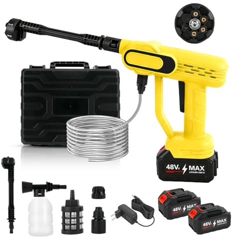 Idropulitrice Portatile, 650 Bar Idropulitrice a Batteria con 2 Batterie da 2400mAh, Motore Brushless, Ugello 6 in 1, Tubo 5 M e Scatola Portaoggetti, per Giardino, Auto e Pulizie Esterne