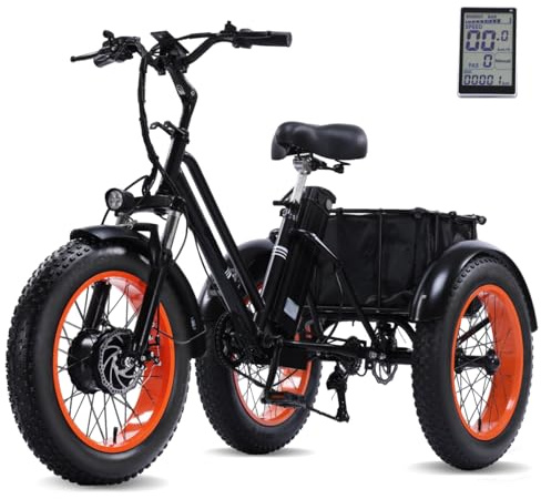 KAKIGO Electric Trikes for Adults UK,48V15Ah Electric Tricycle for Adults UK,20x4Fat Tire Folding E Trike,90KM Range,20KM/h,Front&Rear Basket（Orange unfoldable）