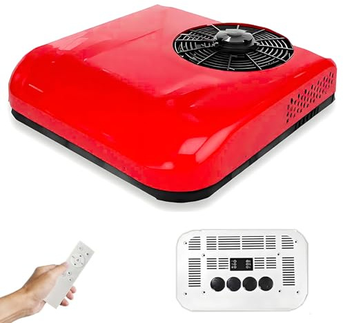 ROGHA 12V RV Rooftop DC Air Conditioner 9000BTU Ultra-Thin Vehicle Roof-Mounted Air Conditioning Kit for Motorhome Camper Van Truck Excavator Red-12V