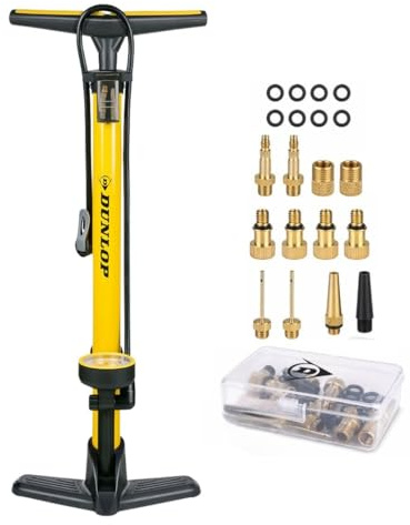 Dunlop Fahrradpumpe mit Manometer und Fahrrad Reparaturset 14 teilig - Fahrrad Werkzeug Set mit Mini Pumpe und Flickzeug - Für Presta Dunlop Schrader Ventil - Schwarz