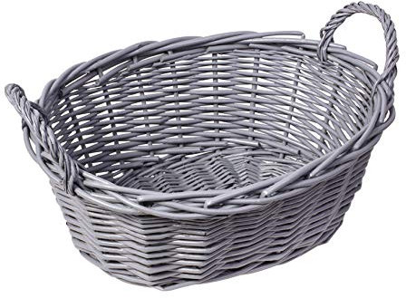 Woodluv Hand Made Oval Storage Hamper Wicker Basket With Handles-Grey 33 x 13 x 13 CM
