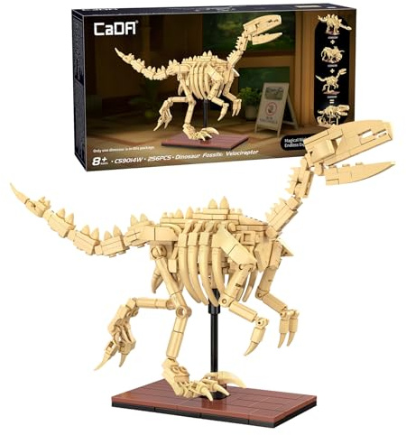 CaDA Velociraptor Dinosaur Skeleton - 256 Piece Brick Model Kit C59014W | A museum style dinosaur fossil display