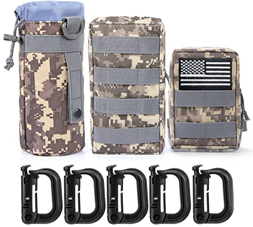Gogoku Lot de 3 pochettes MOLLE combinées, pochette pour bouteille d'eau avec patch drapeau amovible et 10 anneaux en D, pochettes tactiques MOLLE, sacoche utilitaire compacte EDC de ceinture, ACU