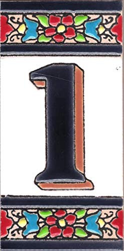 Toro del Oro – Hausnummer für Wohnhäuser – Hausnummer aus glasierter Keramik, Handbemalt in spanischer “Cuerda Seca“ Technik, Namen und Adressen, Blume Modell 5,5 x 10,5 cm (1)