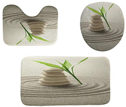 EZEZWSNBB Badezimmer Vorleger 3-Teiliges Weißer Zen-Stein Badteppiche Die Badematte Waschbar Badematte Matten Sets Saugfähige Teppich Badteppiche Toilettensitzbezug Mat U-Förmige Matte(50X80 cm)