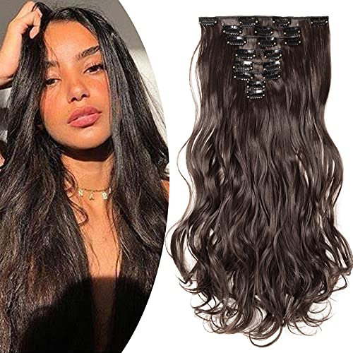 SEGO Clip in Extensions Haarverlängerung Haarteil 8 Tressen wie Echthaar gewellt Dunkelbraun 24(61cm)