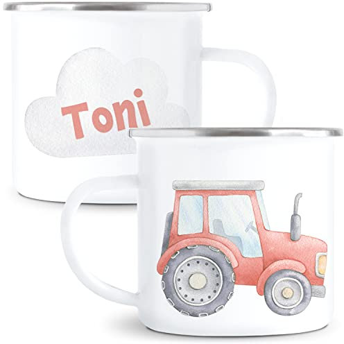 Traktor Tasse mit Namen Trecker Kindertasse Personalisiert für Jungen Kindergarten Kinder Becher aus Emaille