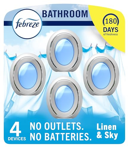 Febreze Bathroom Air Freshener Odor-Fighting for Small Spaces Scented Plug In Alternative Long-Lasting for Home and Bathroom and Kitchen Closet Air Fresheners, Linen & Sky Scent, 4 Count