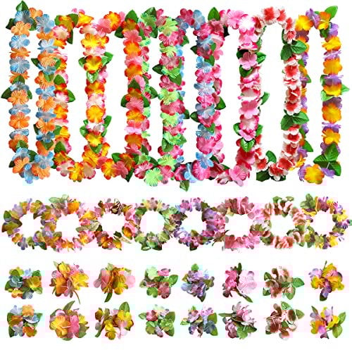 Aviski - Adornos de flores hawaianos, leis hawaianos, diademas, collares y pulseras, para fiesta hawaiana, tropical, noche, playa, bar, vacaciones, 32 unidades