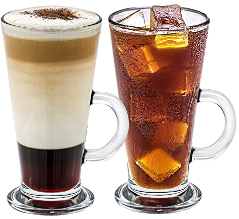 Crystalia Irish Coffee Glasses (Small 8.9 oz) Set of 2, Latte Mugs with Handle, Clear Tall Glasses for Iced Coffee, Latte, Cappuccino, Hot Chocolate, and Hot Toddy