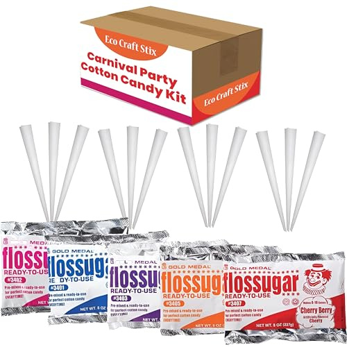 Eco Craft Stix Carnival Party Cotton Candy Kits.Includes 100CT Cotton Candy Cones and 5 Packs of 8 Ounce Assorted Cotton Sugar