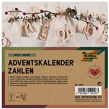 folia 2209 - Adventskalender Zahlen, Holz natur, 24 Zahlen aus Holz zum Aufhängen