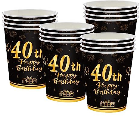 POPOYU 16pcs Black and Gold Paper Cups 40th, Happy Birthday Tableware Cups, 40th Decorations for Men, Women, Him, Her Gifts Party Supplies